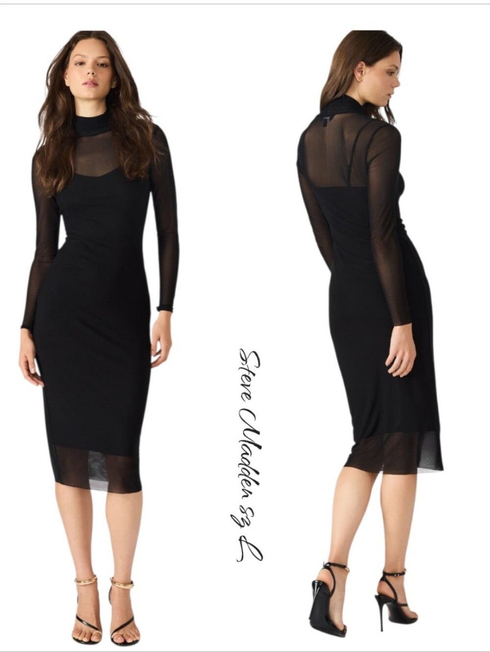 Steve Madden Vivienne Black Mesh Long Sleeve Midi Dress Size L NWT